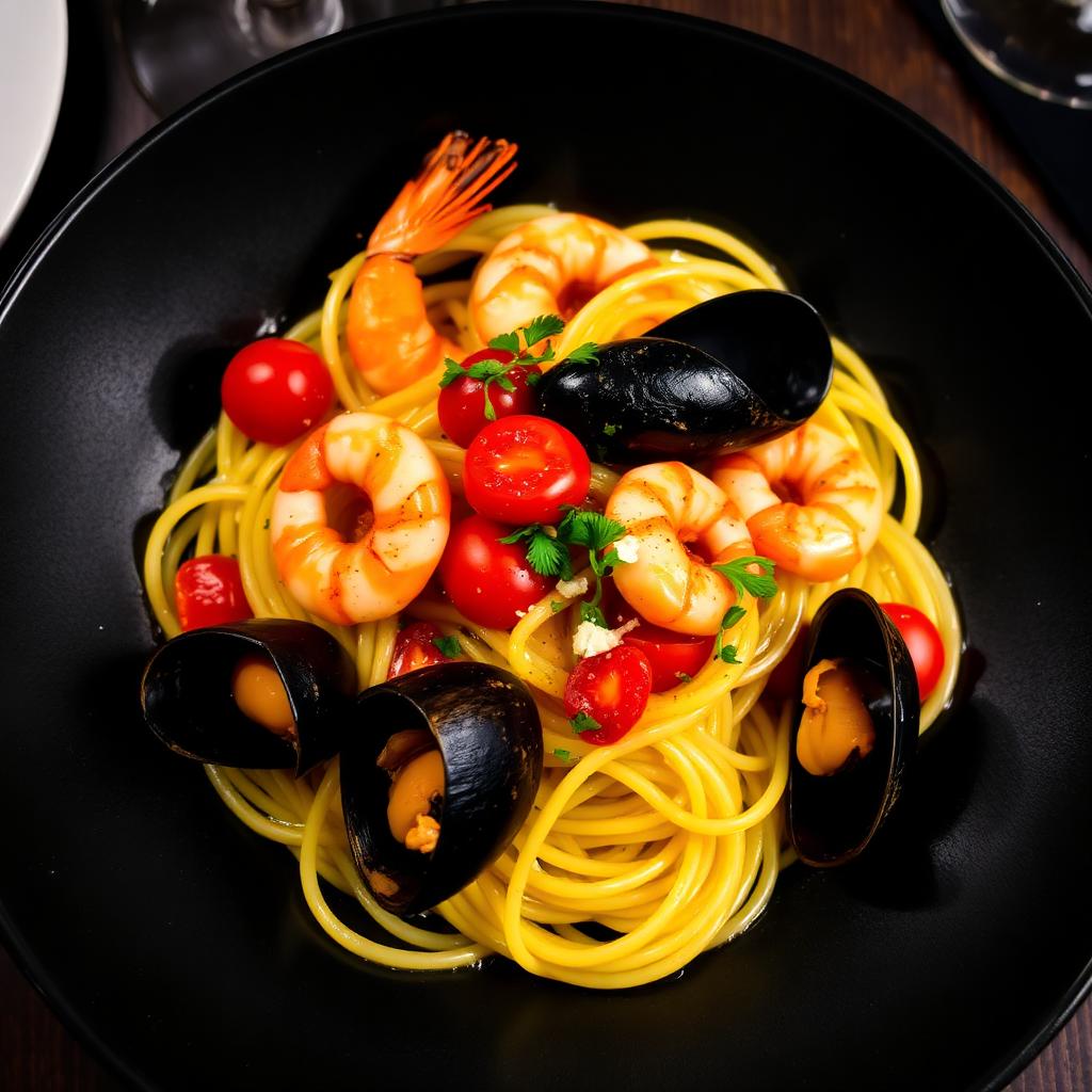 Spaghettone cu fructe de mare — Imagine demonstrativă pentru conceptul vizual al restaurantului.